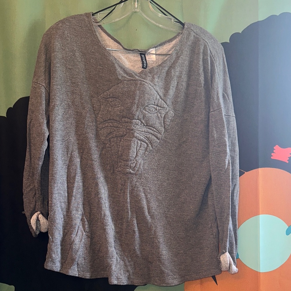 H&M Charcoal Sweatshirt with Embroidered Cat Design